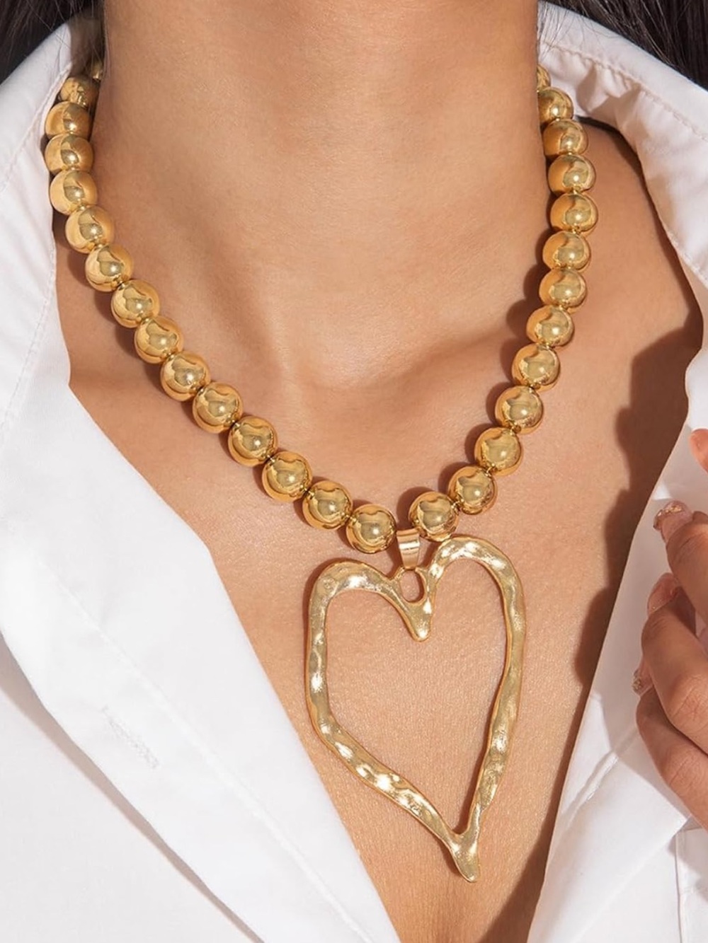 Anthropologie Gold Hammered Open Heart Bead Necklace